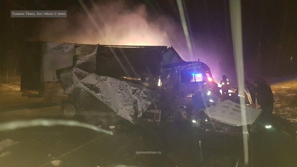 KIA и КАМАЗ сгорели в жуткой аварии под Тобольском, два человека погибли